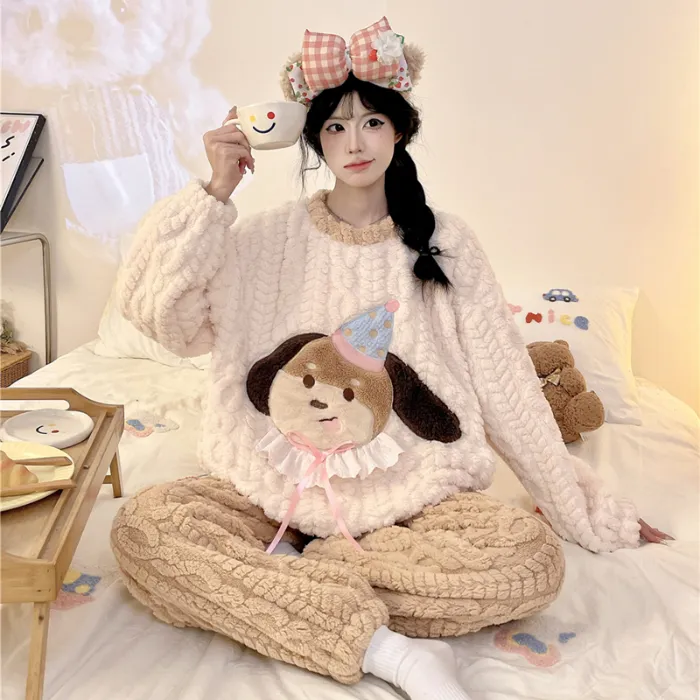Nouveauté automne-hiver pyjama jeune fille maille épis de blé velours 280 g col rond adorables dessins animés ensemble de pyjama chaud · Grossiste · OEM · Mondial - Detail 13