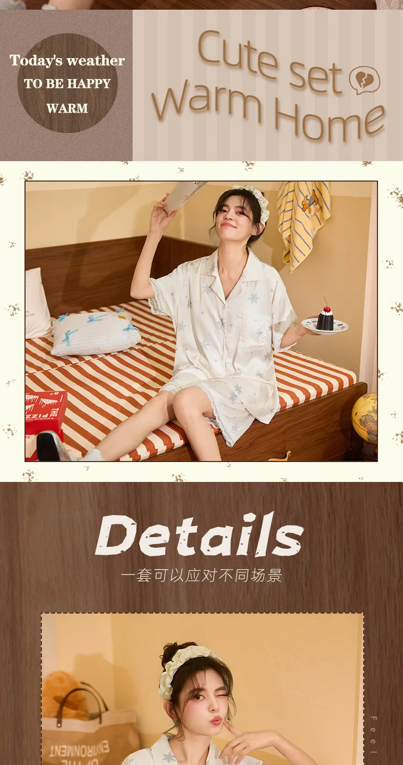 2026 New Pajamas for Women Summer Ice Silk Short Sleeve Shorts Thin Sweet Comfortable Set Wearable Outside · Wholesale · OEM · Worldwide Shipping - Detail 2