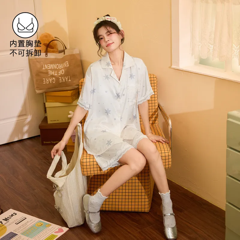 2026 New Pajamas for Women Summer Ice Silk Short Sleeve Shorts Thin Sweet Comfortable Set Wearable Outside · Wholesale · OEM · Worldwide Shipping