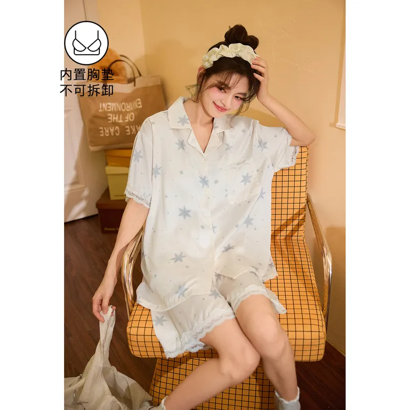 2026 New Pajamas for Women Summer Ice Silk Short Sleeve Shorts Thin Sweet Comfortable Set Wearable Outside · Wholesale · OEM · Worldwide Shipping - View 2