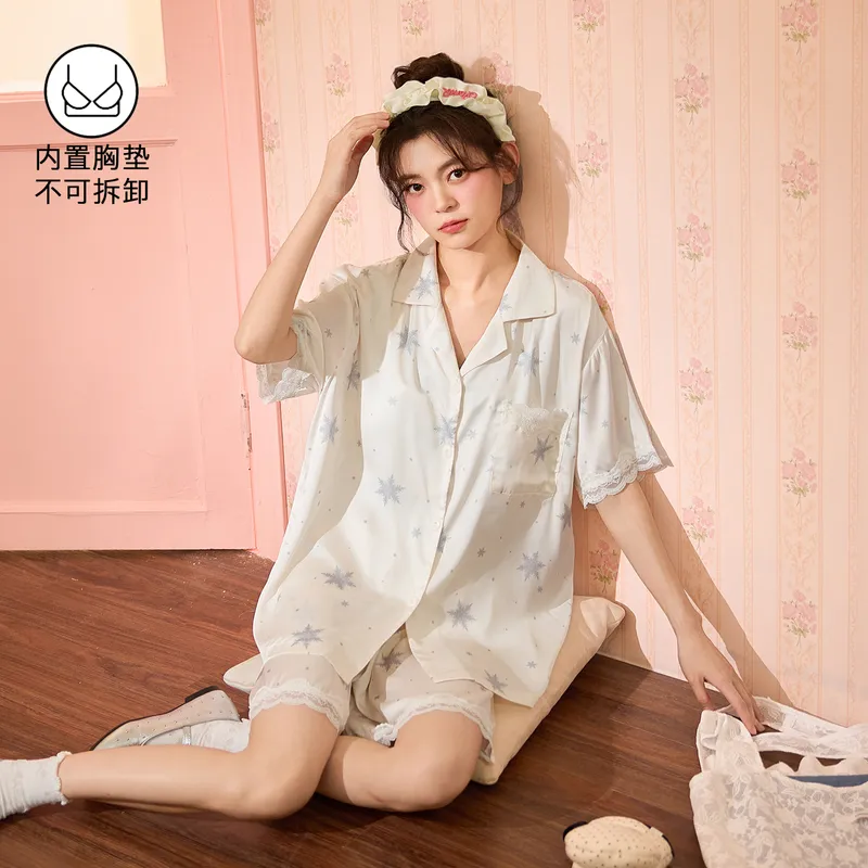 2026 New Pajamas for Women Summer Ice Silk Short Sleeve Shorts Thin Sweet Comfortable Set Wearable Outside · Wholesale · OEM · Worldwide Shipping - View 4