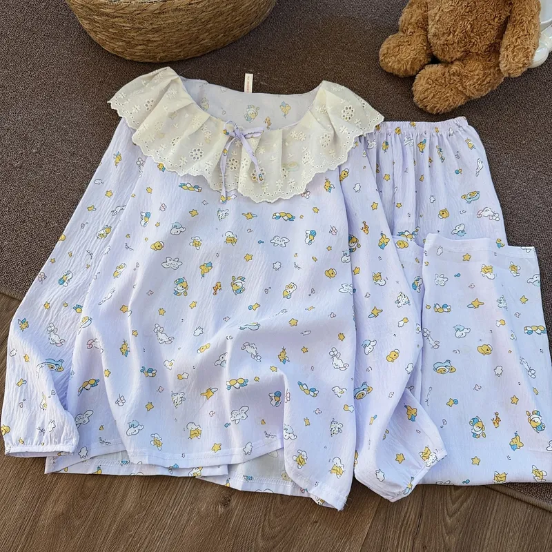 Nouveauté 2026 pyjama femme style princesse douce et sucrée en coton nuage, col Claudine et dentelle, ensemble de pyjama pour femme, vêtements d'intérieur pour femme, printemps et automne · Grossiste · OEM · Mondial