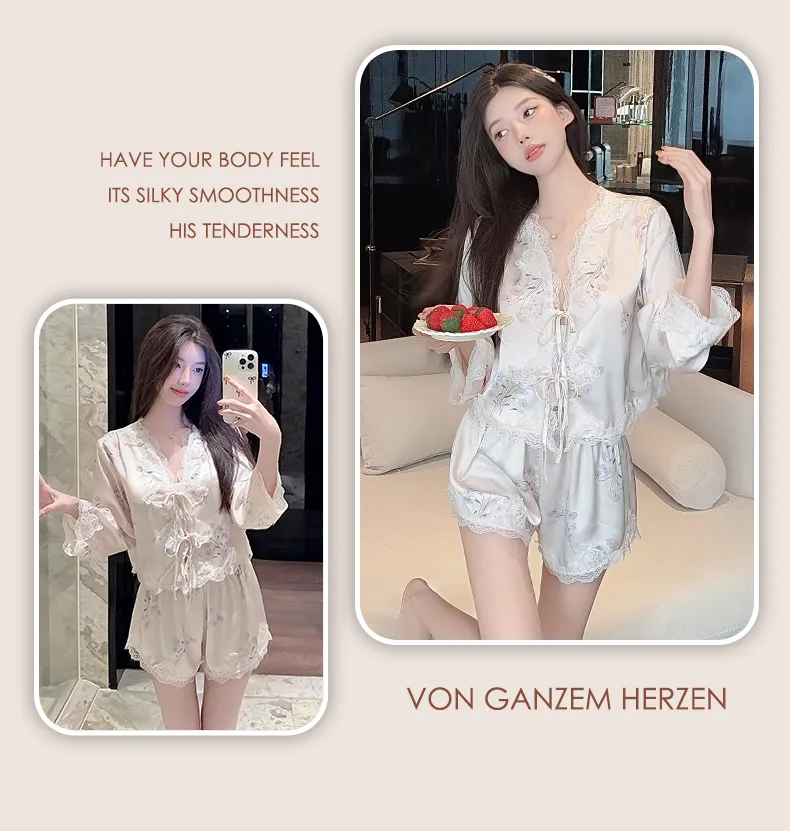 Summer Retro Pure Desire Long Sleeve Short Pants Sexy Thin Ice Silk Sleepwear Palace Style Homewear · Grosir · OEM · Pengiriman Global - Detail 21