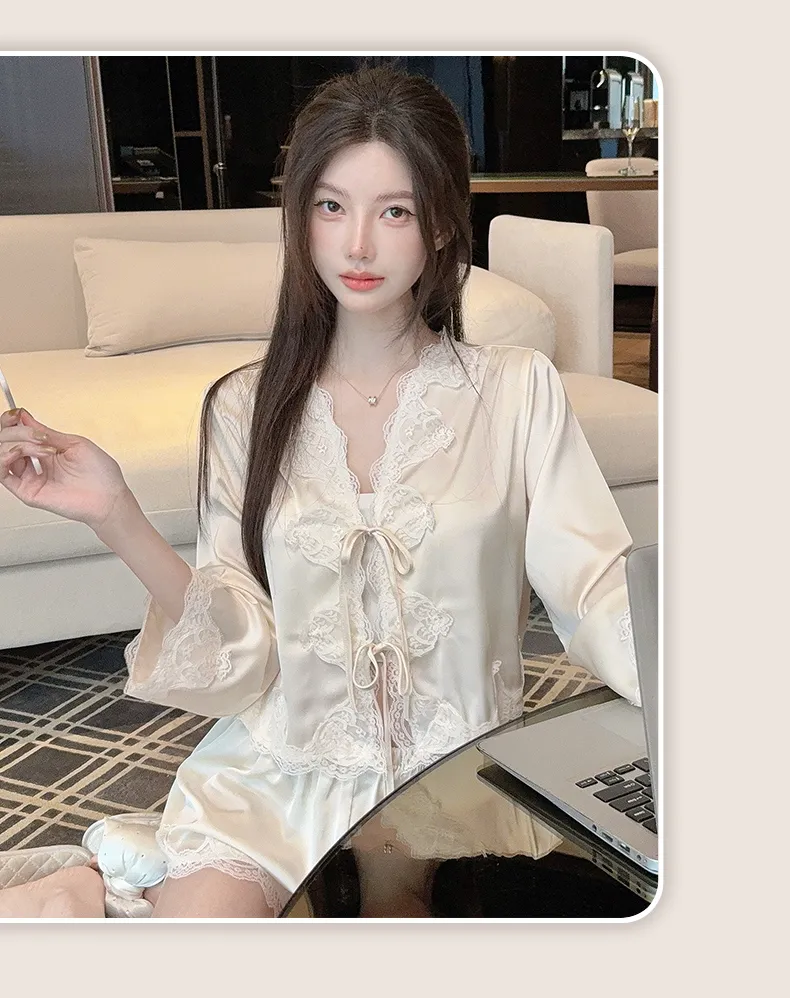Summer Retro Pure Desire Long Sleeve Short Pants Sexy Thin Ice Silk Sleepwear Palace Style Homewear · Grosir · OEM · Pengiriman Global - Detail 10