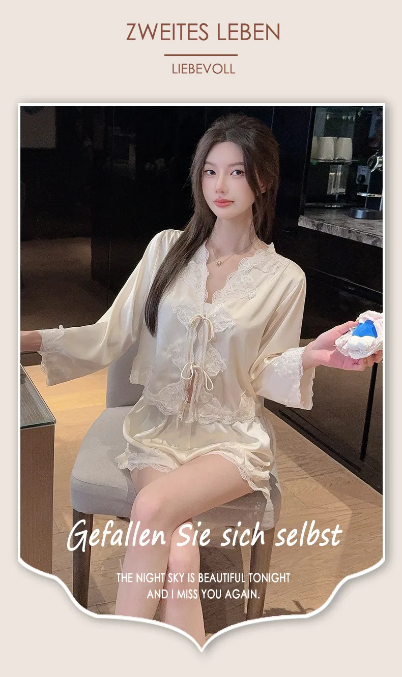 Summer Retro Pure Desire Long Sleeve Short Pants Sexy Thin Ice Silk Sleepwear Palace Style Homewear · Grosir · OEM · Pengiriman Global - Detail 13