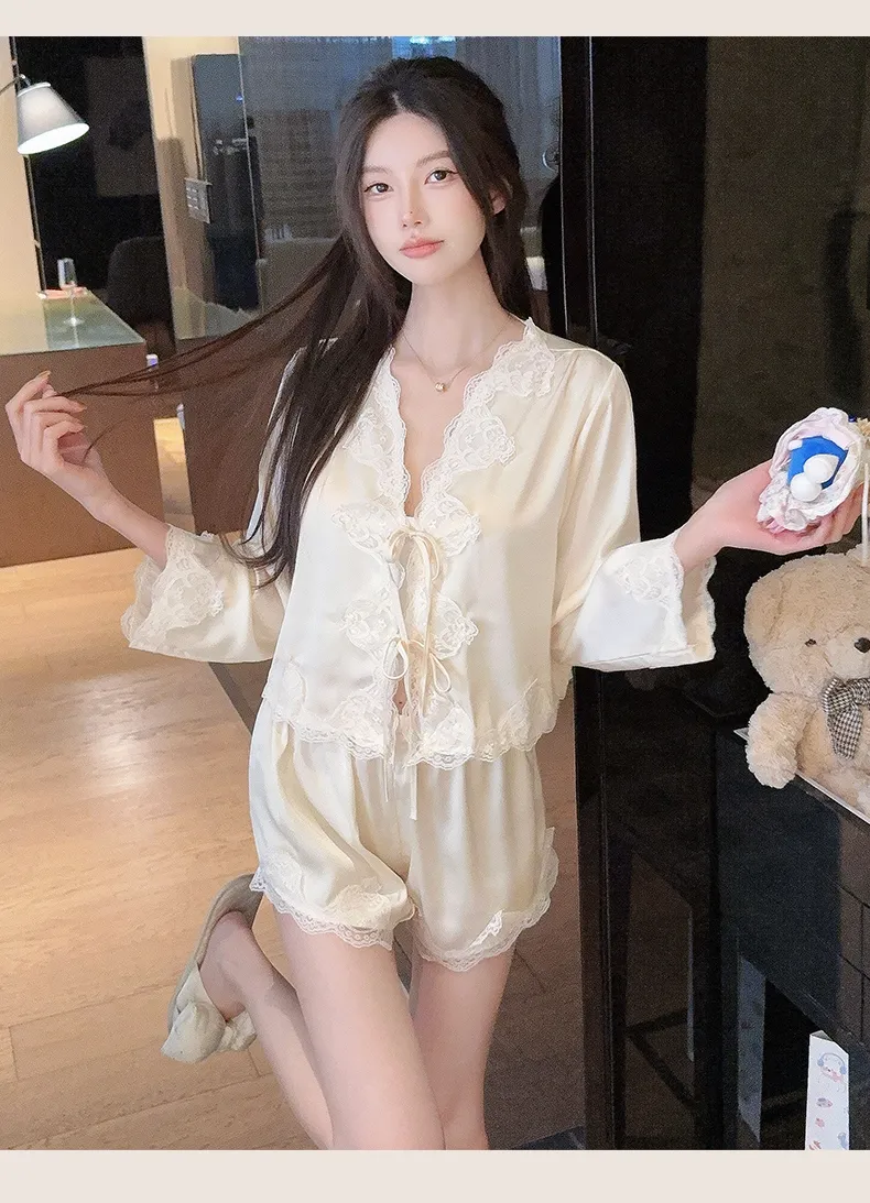 Summer Retro Pure Desire Long Sleeve Short Pants Sexy Thin Ice Silk Sleepwear Palace Style Homewear · Grosir · OEM · Pengiriman Global - Detail 12