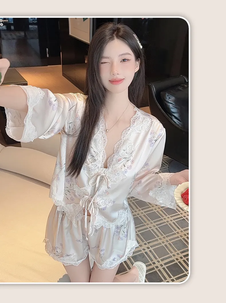 Summer Retro Pure Desire Long Sleeve Short Pants Sexy Thin Ice Silk Sleepwear Palace Style Homewear · Grosir · OEM · Pengiriman Global - Detail 19