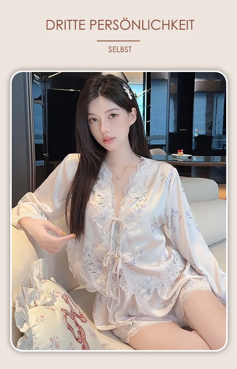 Summer Retro Pure Desire Long Sleeve Short Pants Sexy Thin Ice Silk Sleepwear Palace Style Homewear · Grosir · OEM · Pengiriman Global - Detail 18