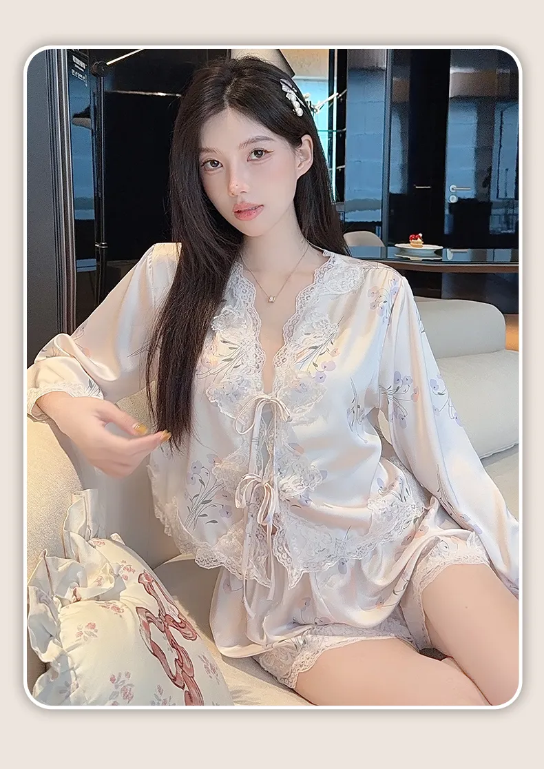 Summer Retro Pure Desire Long Sleeve Short Pants Sexy Thin Ice Silk Sleepwear Palace Style Homewear · Grosir · OEM · Pengiriman Global - Detail 23