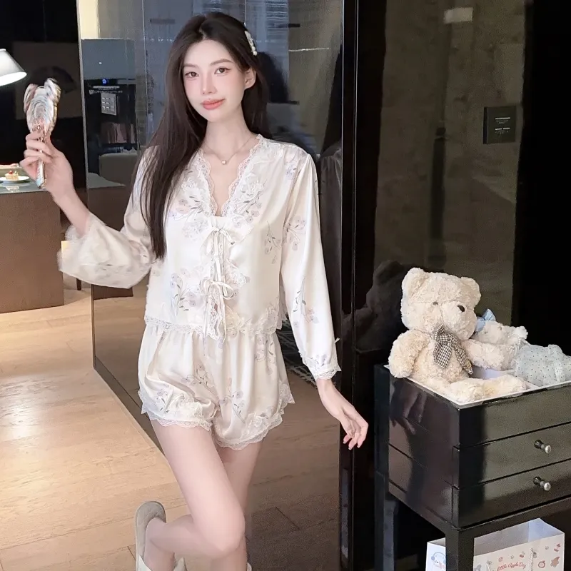 Summer Retro Pure Desire Long Sleeve Short Pants Sexy Thin Ice Silk Sleepwear Palace Style Homewear · Grosir · OEM · Pengiriman Global - View 2
