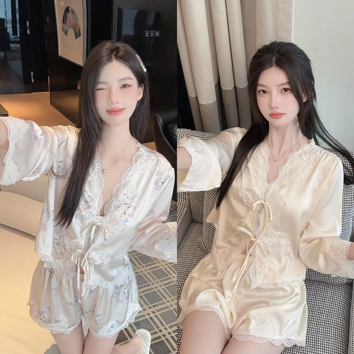 Summer Retro Pure Desire Long Sleeve Short Pants Sexy Thin Ice Silk Sleepwear Palace Style Homewear · Grosir · OEM · Pengiriman Global