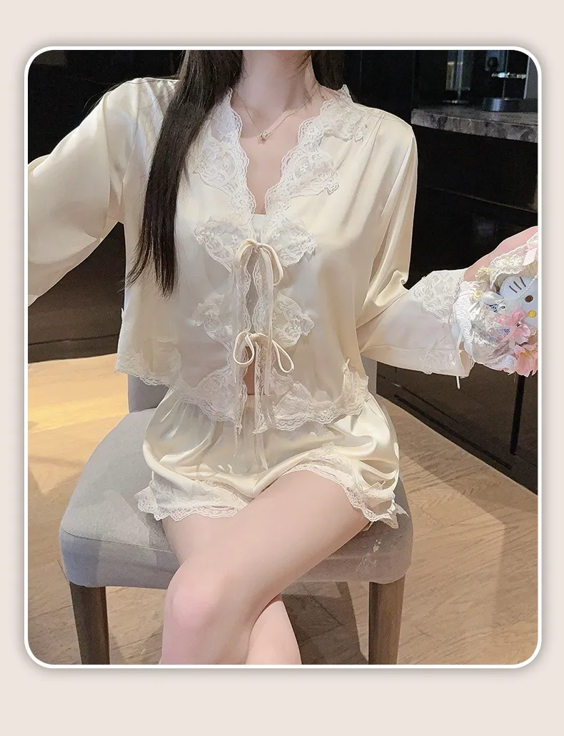 Summer Retro Pure Desire Long Sleeve Short Pants Sexy Thin Ice Silk Sleepwear Palace Style Homewear · Grosir · OEM · Pengiriman Global - Detail 15