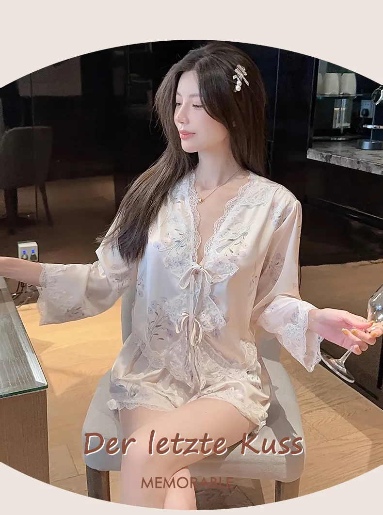 Summer Retro Pure Desire Long Sleeve Short Pants Sexy Thin Ice Silk Sleepwear Palace Style Homewear · Grosir · OEM · Pengiriman Global - Detail 22