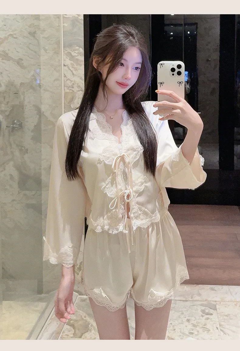 Summer Retro Pure Desire Long Sleeve Short Pants Sexy Thin Ice Silk Sleepwear Palace Style Homewear · Grosir · OEM · Pengiriman Global - Detail 4