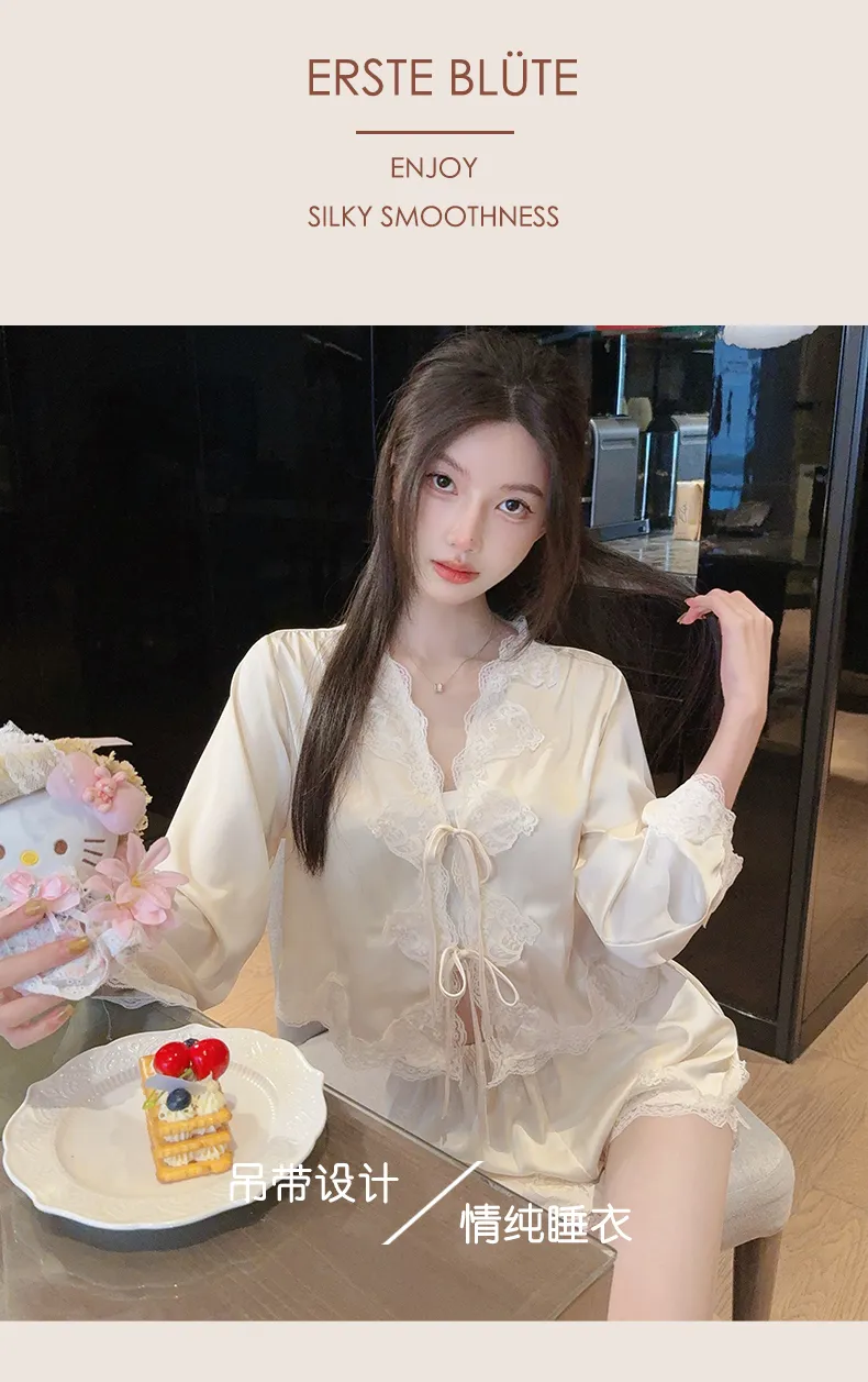 Summer Retro Pure Desire Long Sleeve Short Pants Sexy Thin Ice Silk Sleepwear Palace Style Homewear · Grosir · OEM · Pengiriman Global - Detail 8