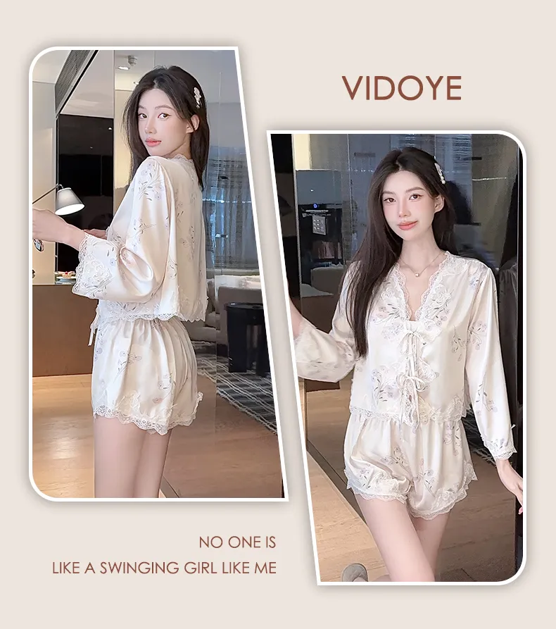 Summer Retro Pure Desire Long Sleeve Short Pants Sexy Thin Ice Silk Sleepwear Palace Style Homewear · Grosir · OEM · Pengiriman Global - Detail 17