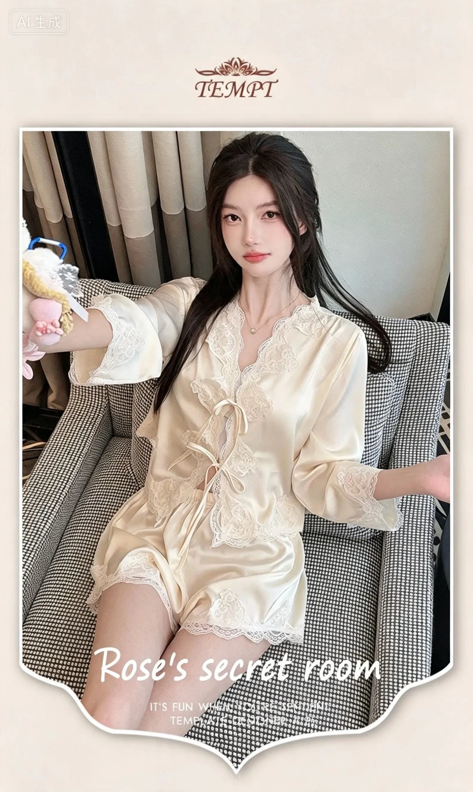Summer Retro Pure Desire Long Sleeve Short Pants Sexy Thin Ice Silk Sleepwear Palace Style Homewear · Grosir · OEM · Pengiriman Global - Detail 1