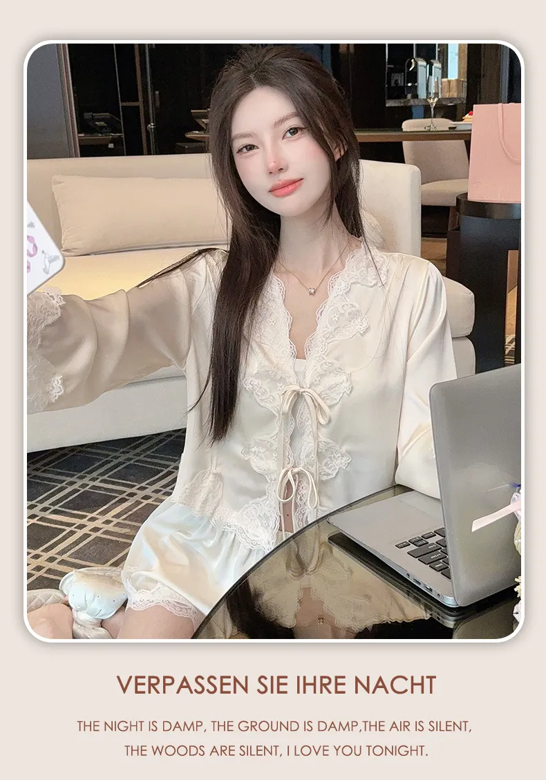 Summer Retro Pure Desire Long Sleeve Short Pants Sexy Thin Ice Silk Sleepwear Palace Style Homewear · Grosir · OEM · Pengiriman Global - Detail 11