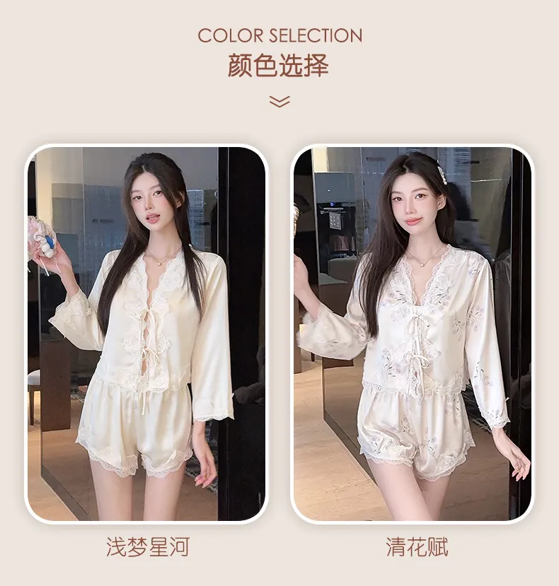 Summer Retro Pure Desire Long Sleeve Short Pants Sexy Thin Ice Silk Sleepwear Palace Style Homewear · Grosir · OEM · Pengiriman Global - Detail 5