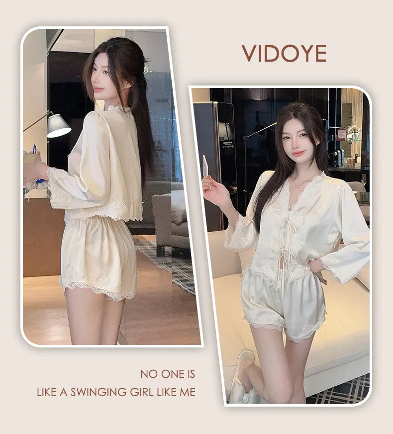 Summer Retro Pure Desire Long Sleeve Short Pants Sexy Thin Ice Silk Sleepwear Palace Style Homewear · Grosir · OEM · Pengiriman Global - Detail 9