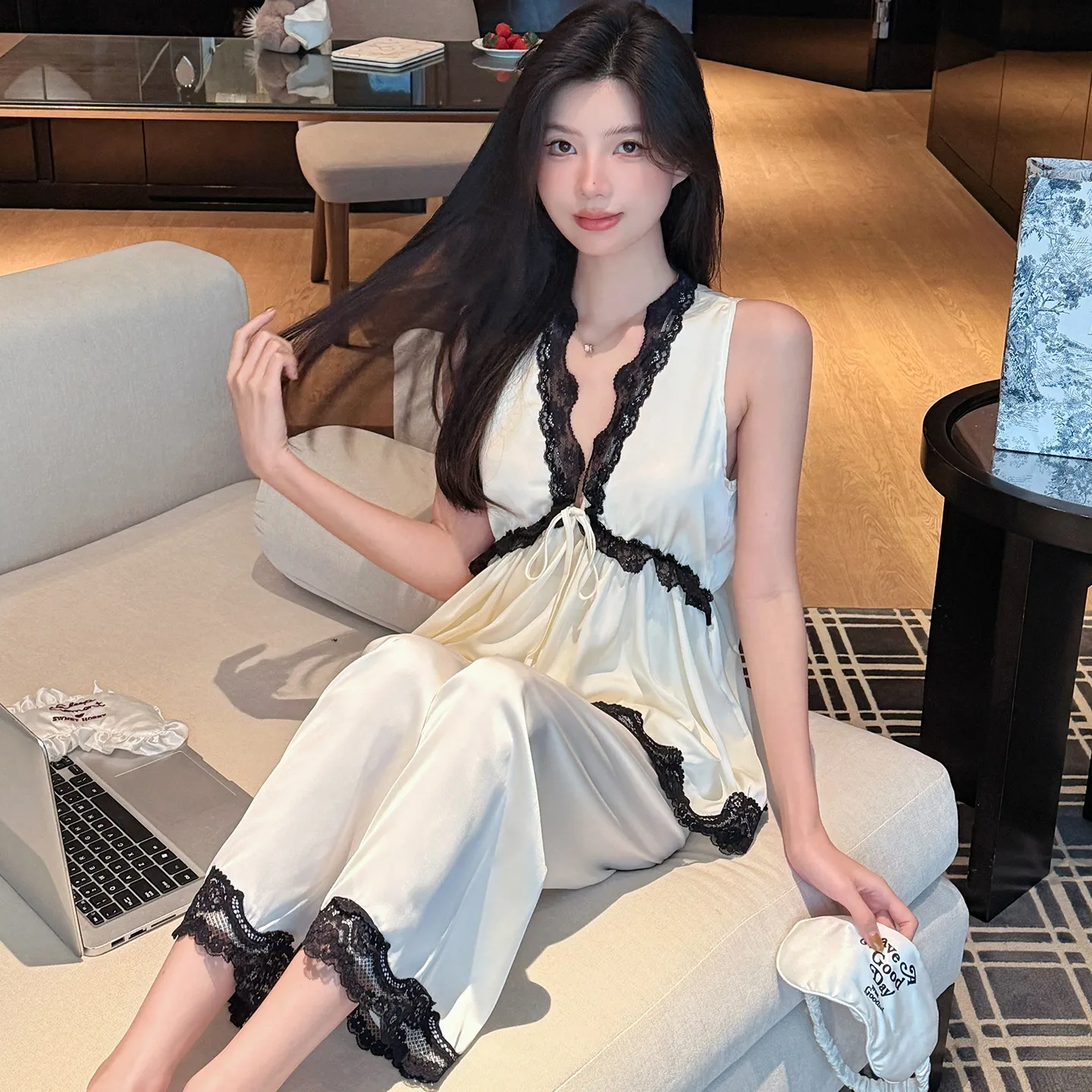 Palace Style Light Luxury High-End Ice Silk Pajamas Women Summer New French Lace Trim Nightdress · Wholesale · OEM · Worldwide Shipping - View 1