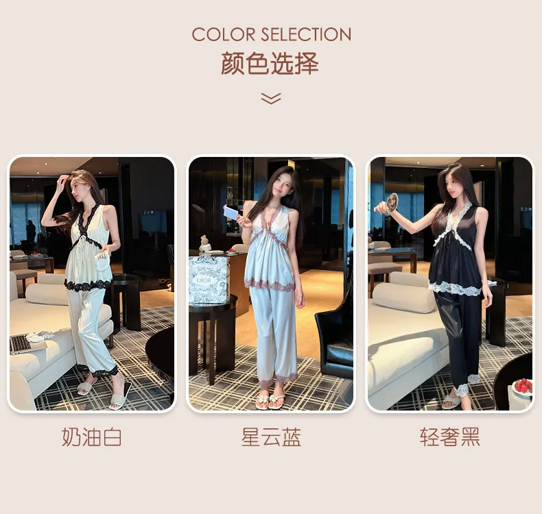 Palace Style Light Luxury High-End Ice Silk Pajamas Women Summer New French Lace Trim Nightdress · Wholesale · OEM · Worldwide Shipping - Detail 4
