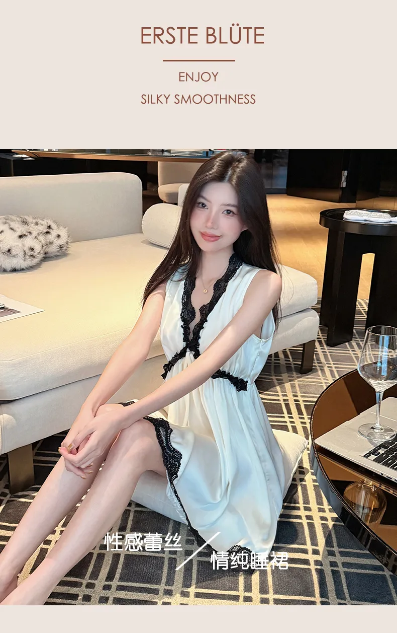 Palace Style Light Luxury High-End Ice Silk Pajamas Women Summer New French Lace Trim Nightdress · Wholesale · OEM · Worldwide Shipping - Detail 9