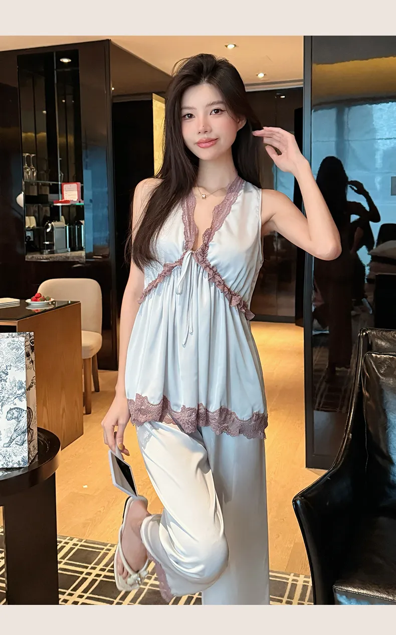 Palace Style Light Luxury High-End Ice Silk Pajamas Women Summer New French Lace Trim Nightdress · Wholesale · OEM · Worldwide Shipping - Detail 40