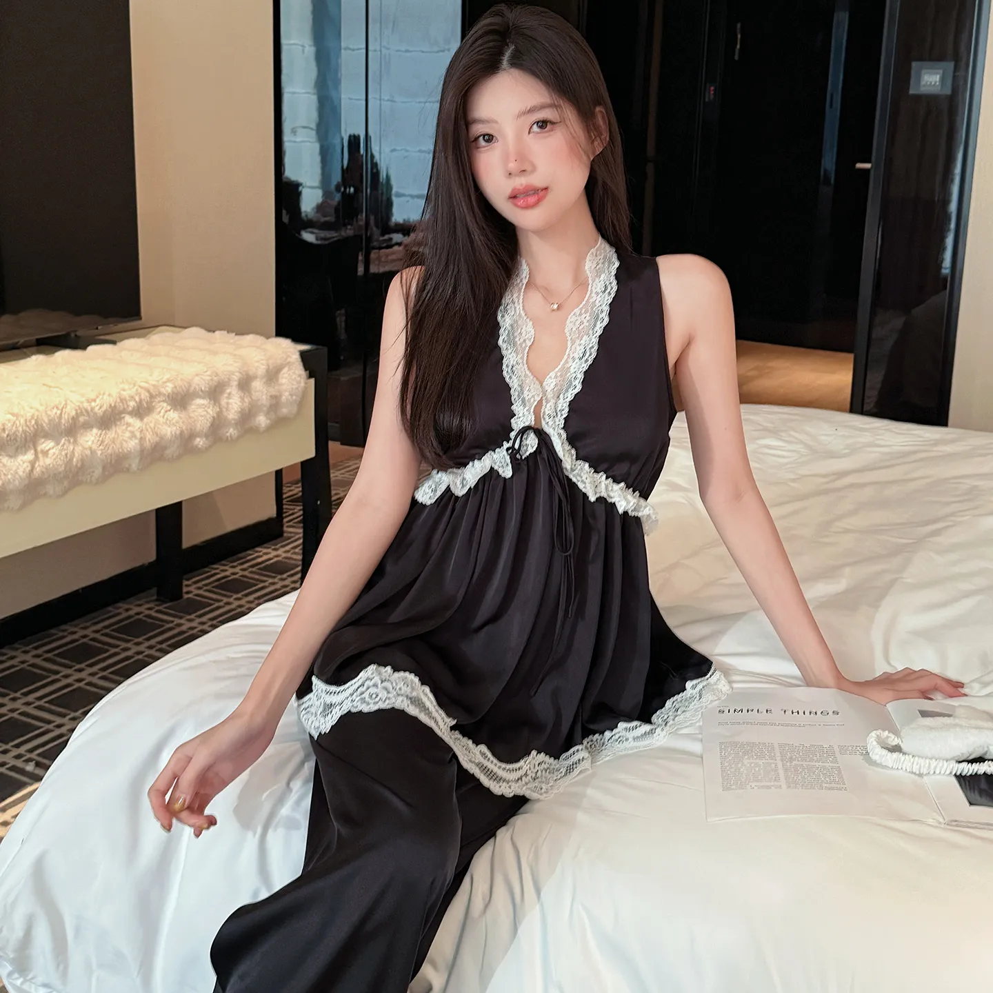 Palace Style Light Luxury High-End Ice Silk Pajamas Women Summer New French Lace Trim Nightdress · Wholesale · OEM · Worldwide Shipping - View 4