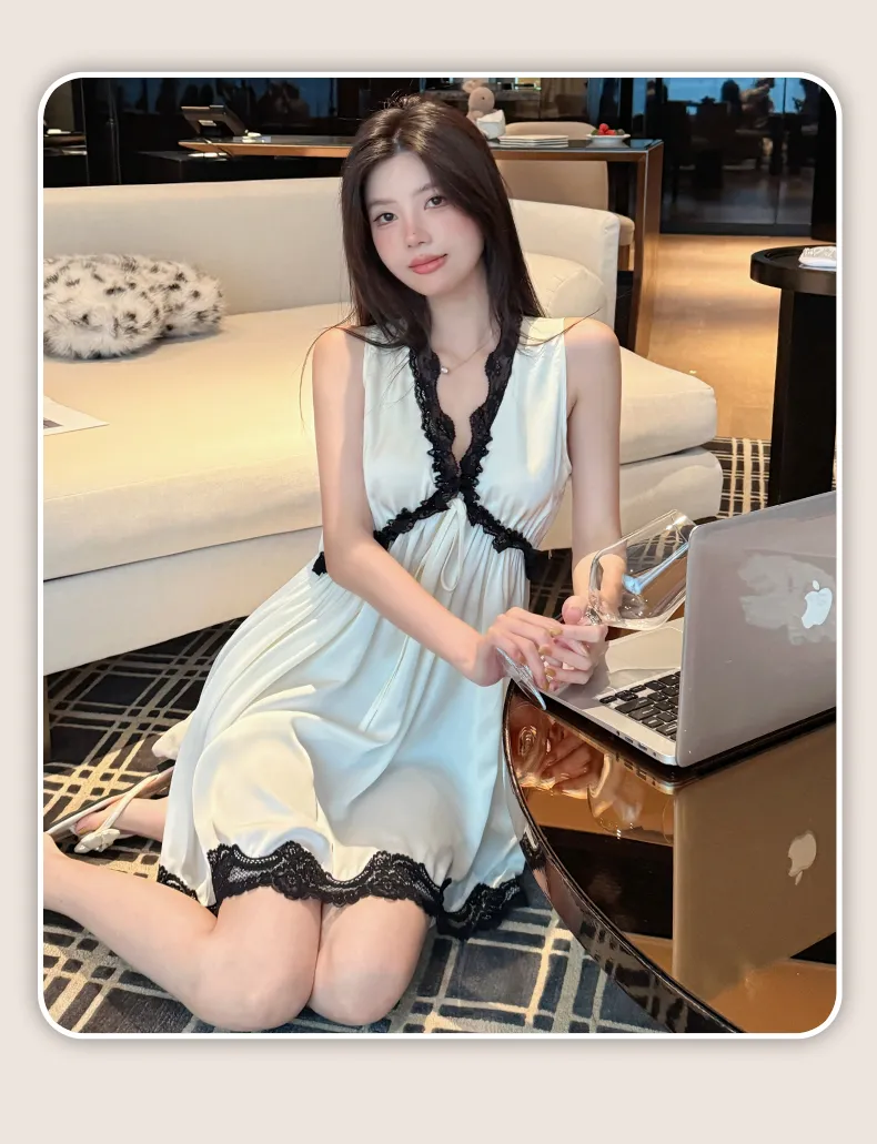 Palace Style Light Luxury High-End Ice Silk Pajamas Women Summer New French Lace Trim Nightdress · Wholesale · OEM · Worldwide Shipping - Detail 16