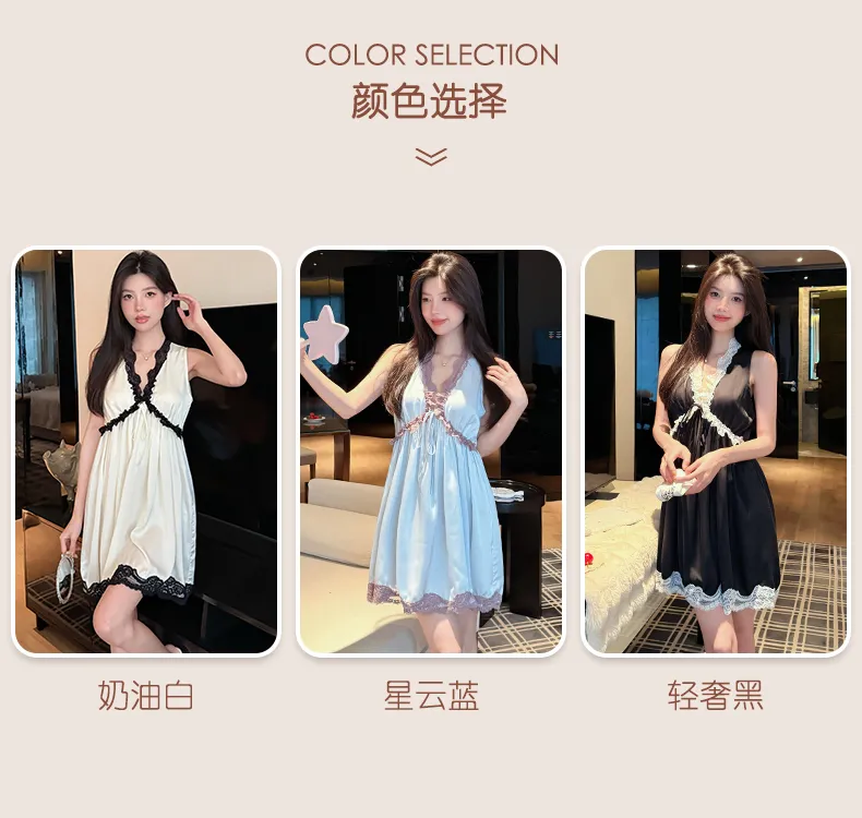 Palace Style Light Luxury High-End Ice Silk Pajamas Women Summer New French Lace Trim Nightdress · Wholesale · OEM · Worldwide Shipping - Detail 3