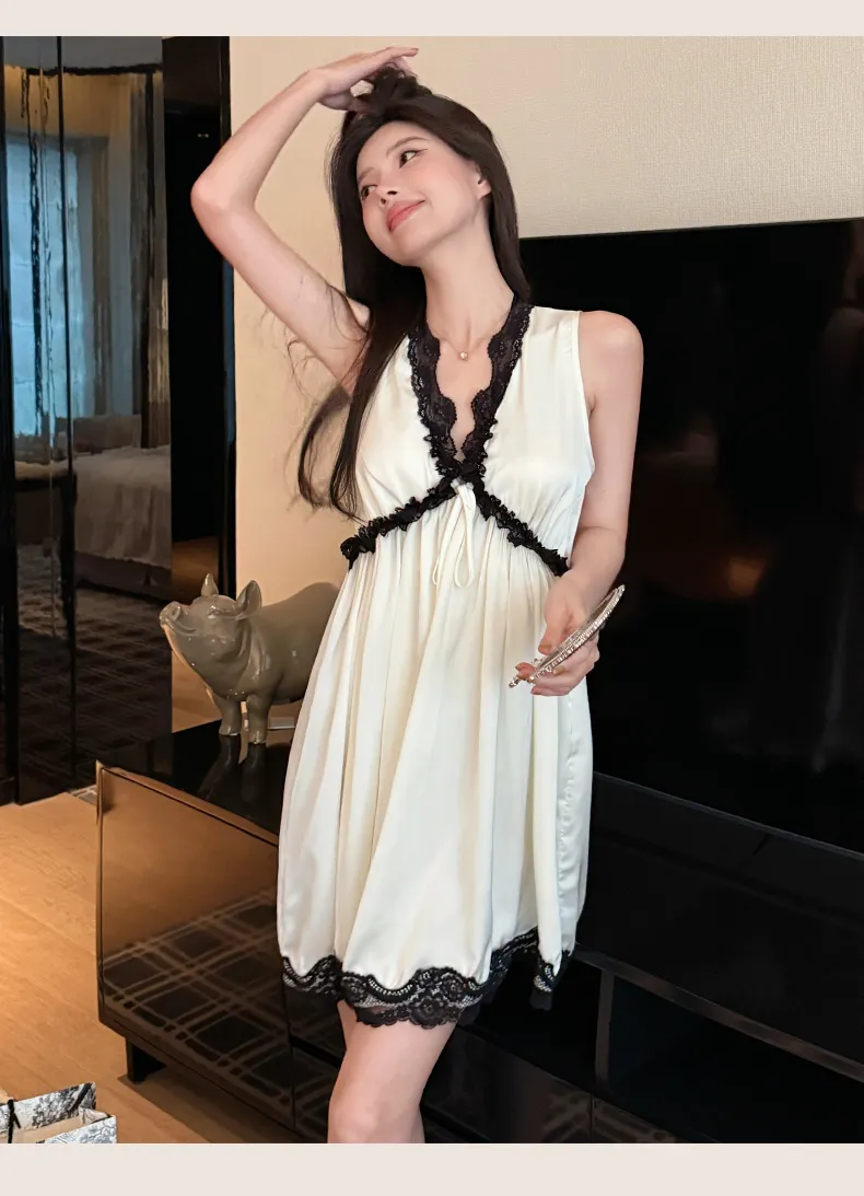 Palace Style Light Luxury High-End Ice Silk Pajamas Women Summer New French Lace Trim Nightdress · Wholesale · OEM · Worldwide Shipping - Detail 13