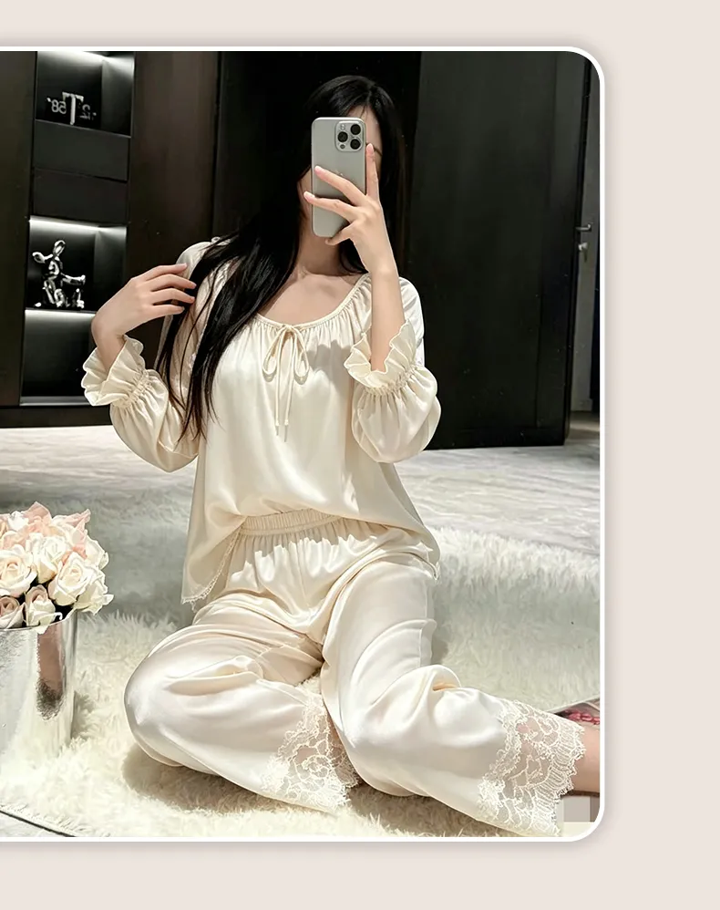 بيجامة نسائية بأكمام طويلة وبنطال طويل مع حشوة صدر، دانتيل، بأسلوب فرنسي ناعم ومغرٍ، ملابس منزلية من الحرير الصناعي للنساء · بيع بالجملة · تصنيع حسب الطلب · شحن عالمي - Detail 10