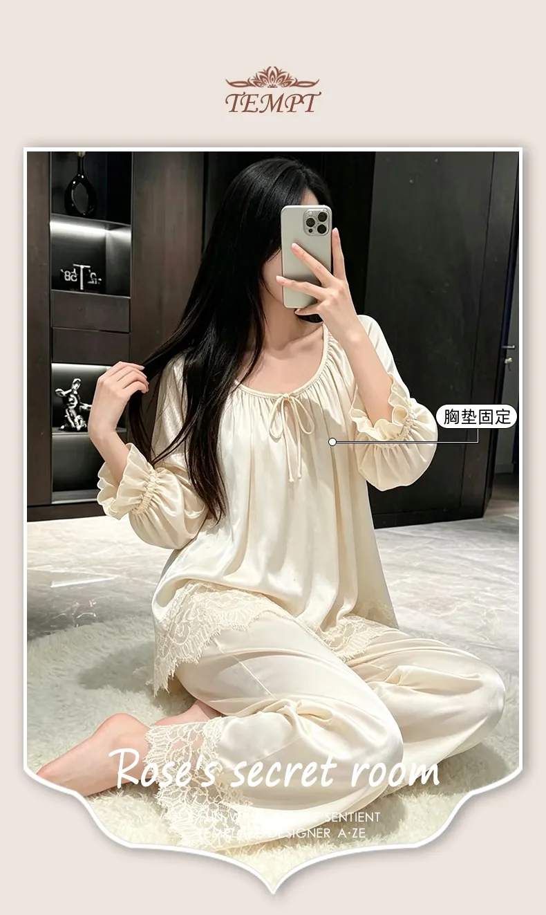 오리지널 동일 디자인 레이스 잠옷 여성 아이스실크 봄가을 긴팔 긴바지 브라패드 포함 홈웨어 · 도매 · OEM · 전 세계 배송 - Detail 2