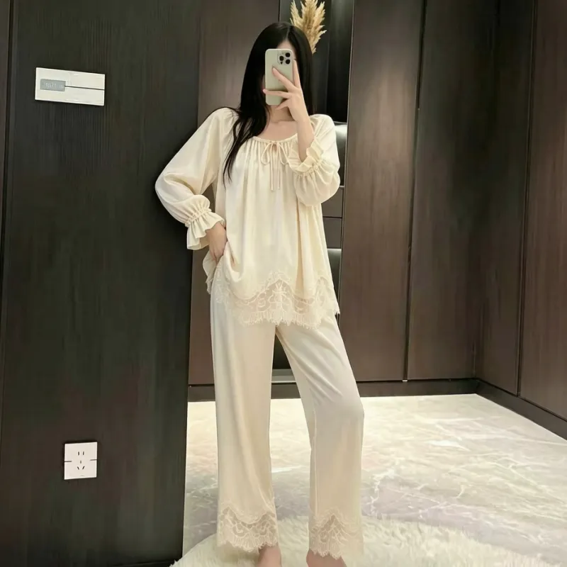 오리지널 동일 디자인 레이스 잠옷 여성 아이스실크 봄가을 긴팔 긴바지 브라패드 포함 홈웨어 · 도매 · OEM · 전 세계 배송
