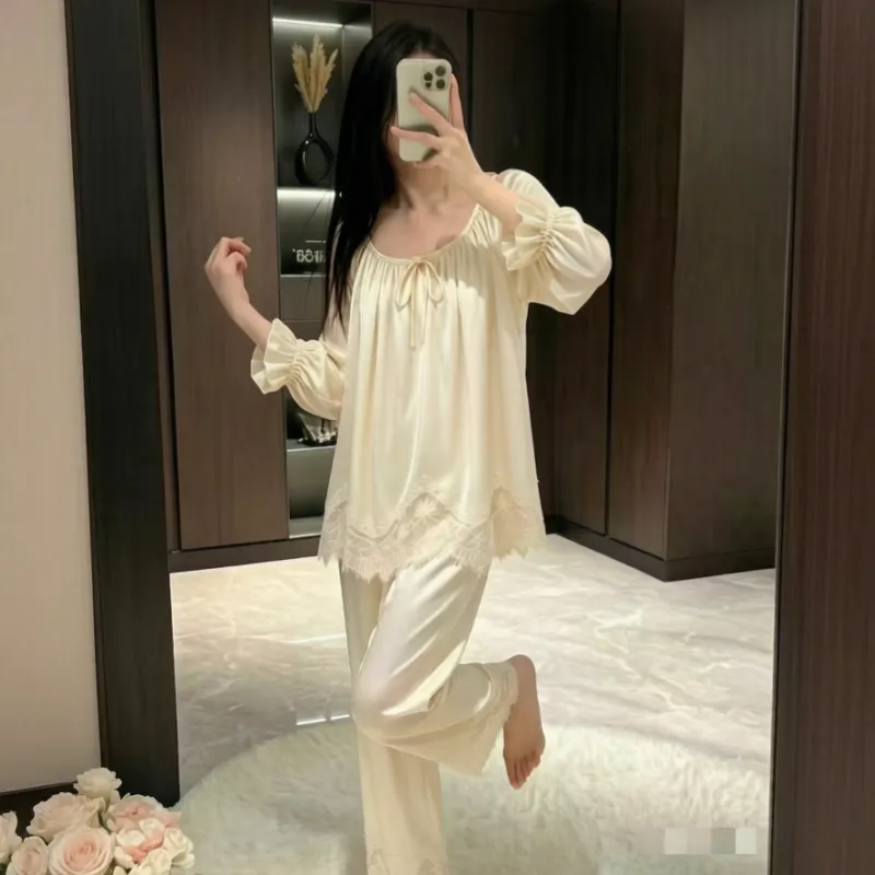 오리지널 동일 디자인 레이스 잠옷 여성 아이스실크 봄가을 긴팔 긴바지 브라패드 포함 홈웨어 · 도매 · OEM · 전 세계 배송 - View 4