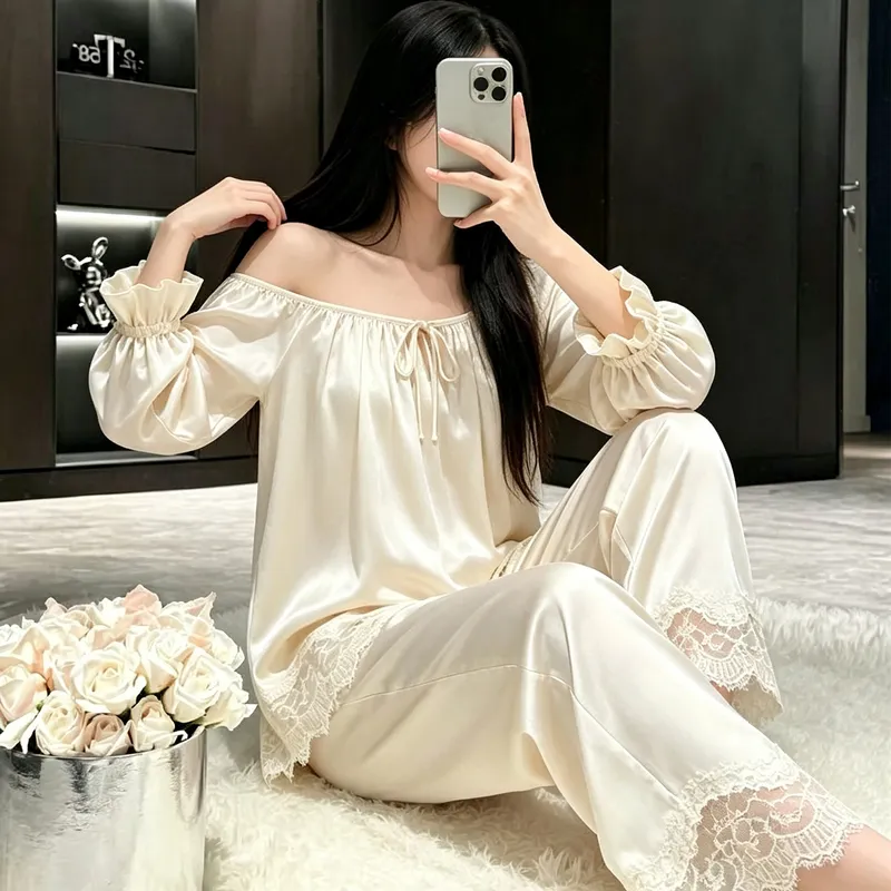 오리지널 동일 디자인 레이스 잠옷 여성 아이스실크 봄가을 긴팔 긴바지 브라패드 포함 홈웨어 · 도매 · OEM · 전 세계 배송 - View 2