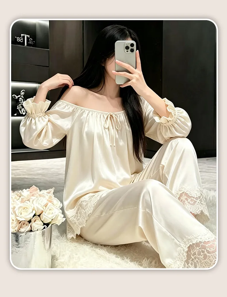 بيجامة نسائية بأكمام طويلة وبنطال طويل مع حشوة صدر، دانتيل، بأسلوب فرنسي ناعم ومغرٍ، ملابس منزلية من الحرير الصناعي للنساء · بيع بالجملة · تصنيع حسب الطلب · شحن عالمي - Detail 15