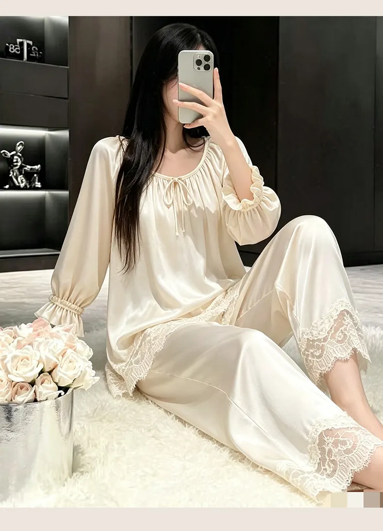 بيجامة نسائية بأكمام طويلة وبنطال طويل مع حشوة صدر، دانتيل، بأسلوب فرنسي ناعم ومغرٍ، ملابس منزلية من الحرير الصناعي للنساء · بيع بالجملة · تصنيع حسب الطلب · شحن عالمي - Detail 12