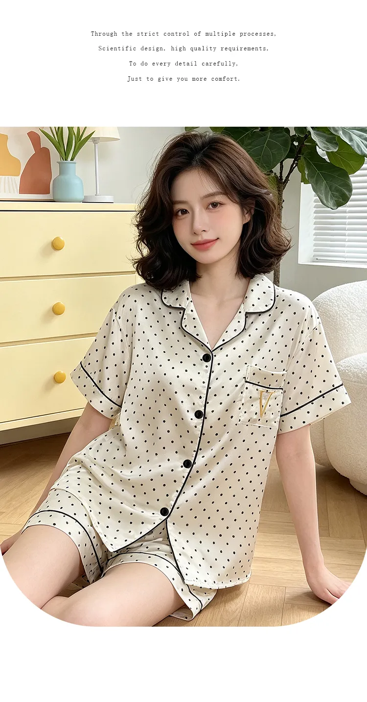 Yuanxing 2195 Ins Korea Manis Polka Dot Bordir Lengan Pendek Celana Pendek Pakaian Rumah Imitasi Sutra Piyama Set · Grosir · OEM · Pengiriman Global - Detail 11