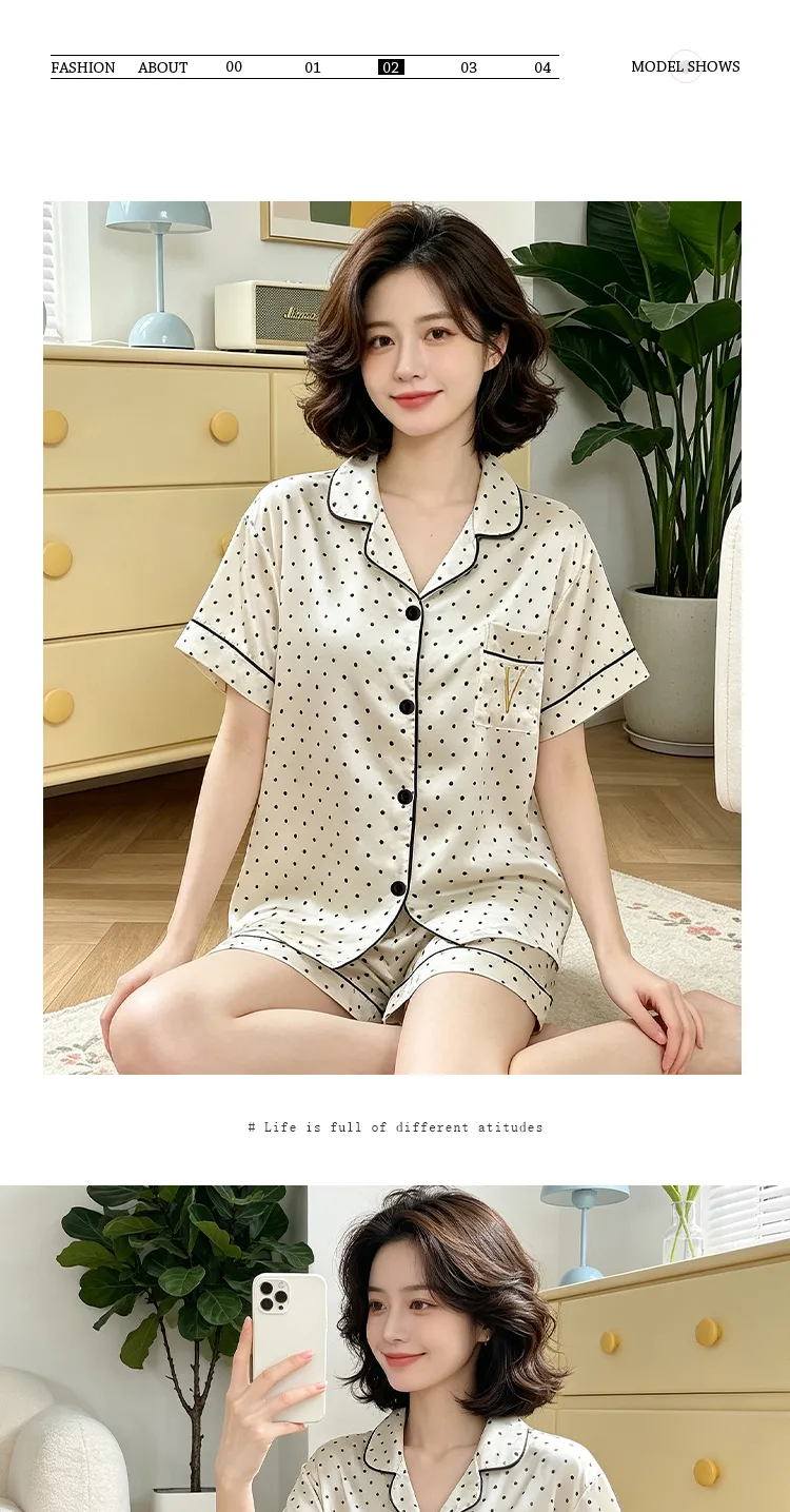 Yuanxing 2195 Ins Korea Manis Polka Dot Bordir Lengan Pendek Celana Pendek Pakaian Rumah Imitasi Sutra Piyama Set · Grosir · OEM · Pengiriman Global - Detail 6