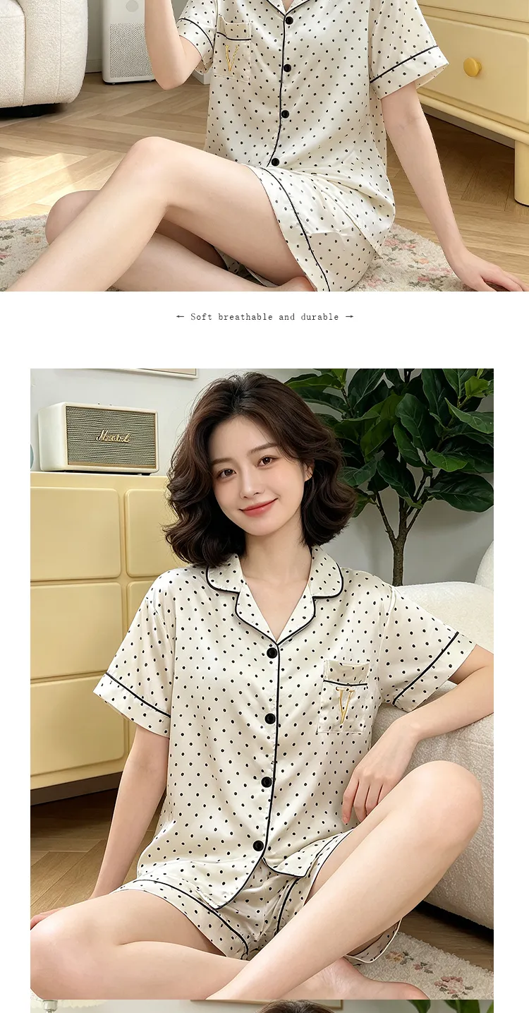 Yuanxing 2195 Ins Korea Manis Polka Dot Bordir Lengan Pendek Celana Pendek Pakaian Rumah Imitasi Sutra Piyama Set · Grosir · OEM · Pengiriman Global - Detail 7