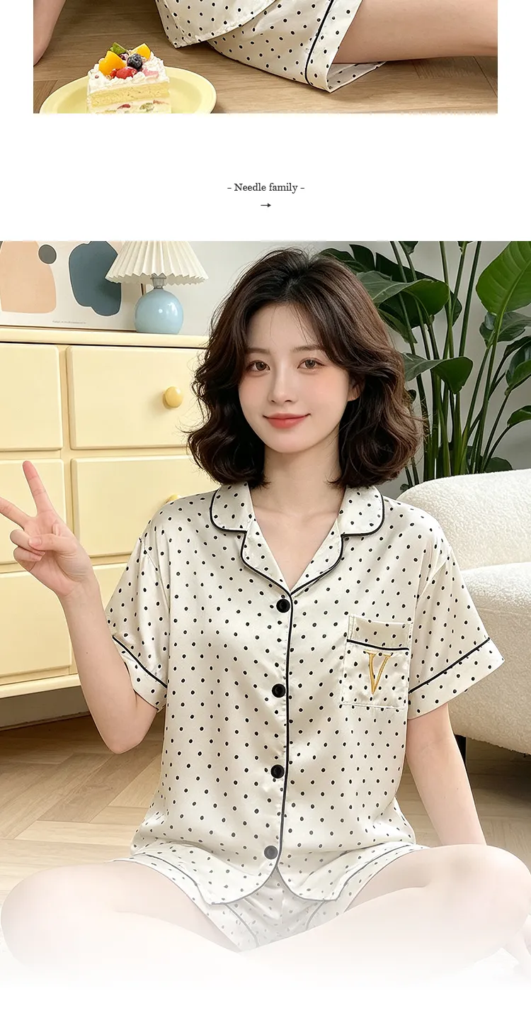 Yuanxing 2195 Ins Korea Manis Polka Dot Bordir Lengan Pendek Celana Pendek Pakaian Rumah Imitasi Sutra Piyama Set · Grosir · OEM · Pengiriman Global - Detail 10