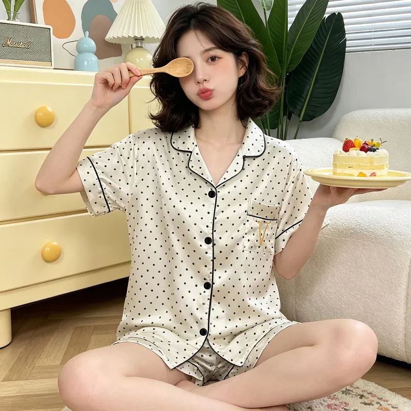 Yuanxing 2195 Ins Korean Sweet Polka Dot Embroidery Short Sleeve Shorts Homewear Imitation Silk Pajamas Set · Wholesale · OEM · Worldwide Shipping
