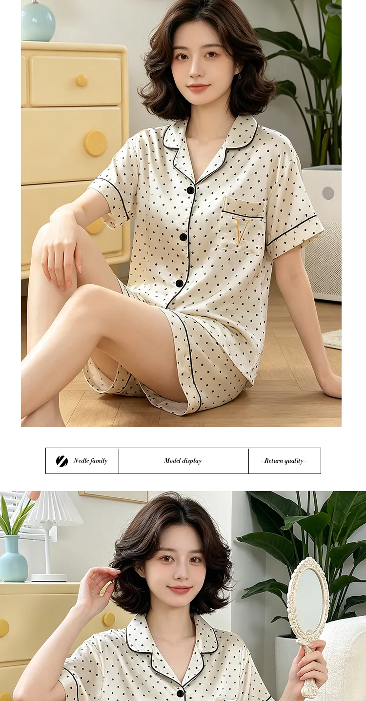 Yuanxing 2195 Ins Korea Manis Polka Dot Bordir Lengan Pendek Celana Pendek Pakaian Rumah Imitasi Sutra Piyama Set · Grosir · OEM · Pengiriman Global - Detail 8