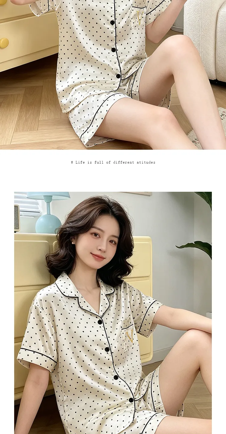 Yuanxing 2195 Ins Korea Manis Polka Dot Bordir Lengan Pendek Celana Pendek Pakaian Rumah Imitasi Sutra Piyama Set · Grosir · OEM · Pengiriman Global - Detail 9