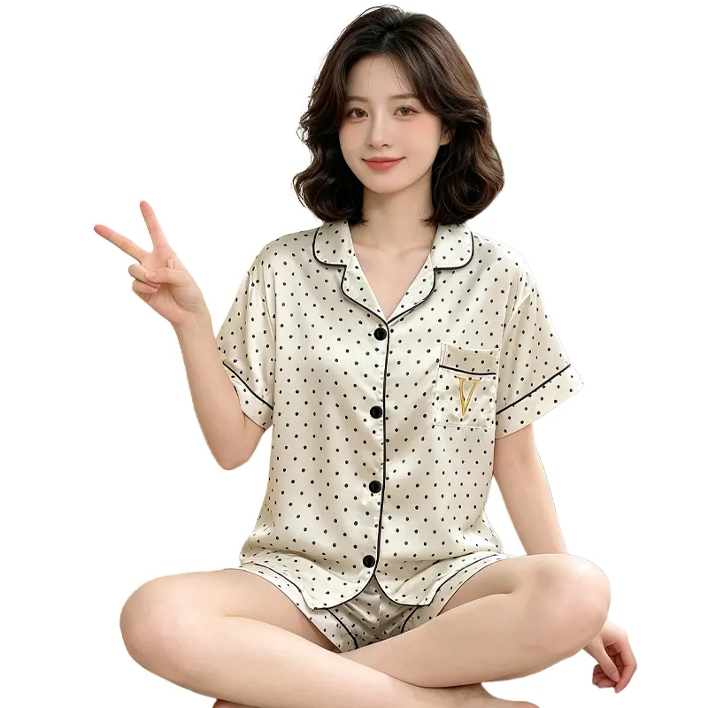 Yuanxing 2195 Ins Korea Manis Polka Dot Bordir Lengan Pendek Celana Pendek Pakaian Rumah Imitasi Sutra Piyama Set · Grosir · OEM · Pengiriman Global - View 4