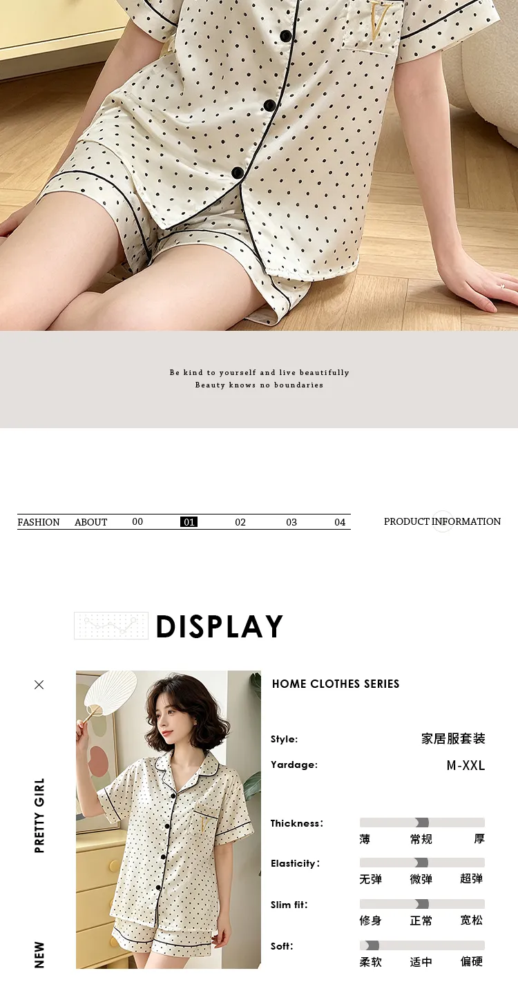 Yuanxing 2195 Ins Korea Manis Polka Dot Bordir Lengan Pendek Celana Pendek Pakaian Rumah Imitasi Sutra Piyama Set · Grosir · OEM · Pengiriman Global - Detail 4