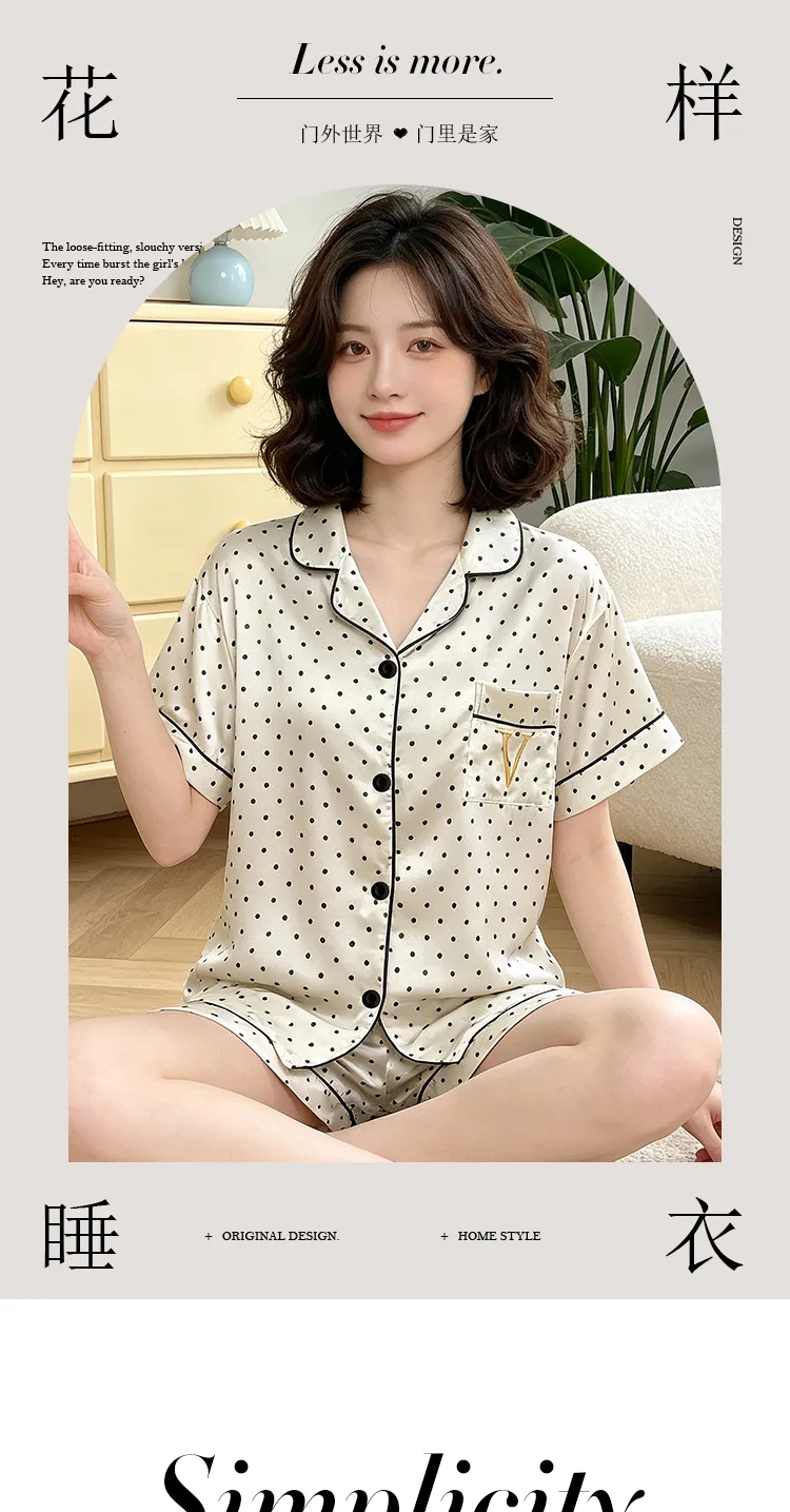 Yuanxing 2195 Ins Korea Manis Polka Dot Bordir Lengan Pendek Celana Pendek Pakaian Rumah Imitasi Sutra Piyama Set · Grosir · OEM · Pengiriman Global - Detail 2