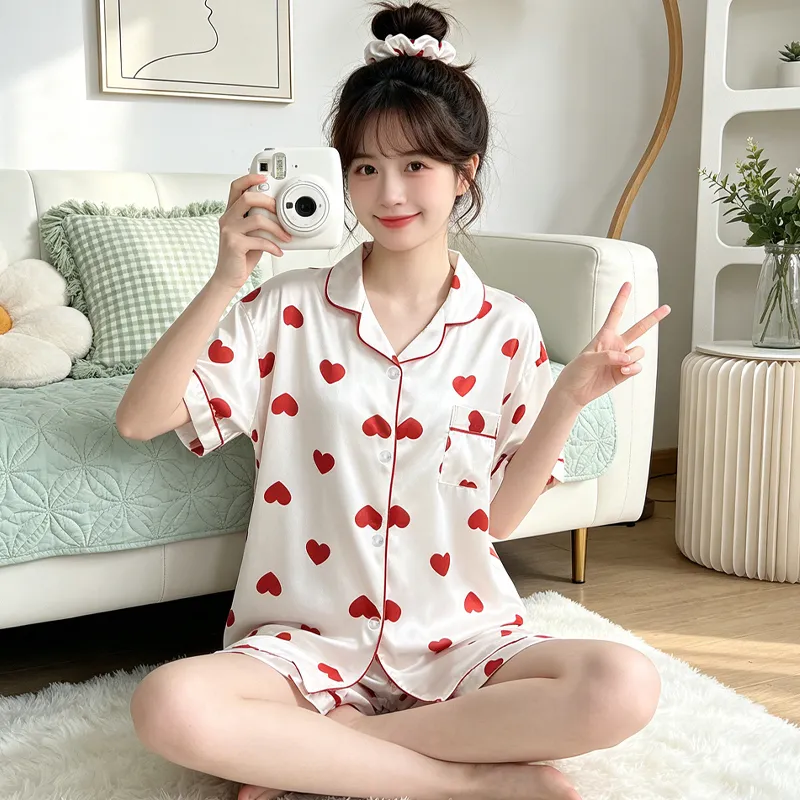 Yuanxing 2197 Ins Style Popular Temperament Sweet Heart Short Sleeve Shorts Homewear Imitation Silk Women Pajama Set · Wholesale · OEM · Worldwide Shipping